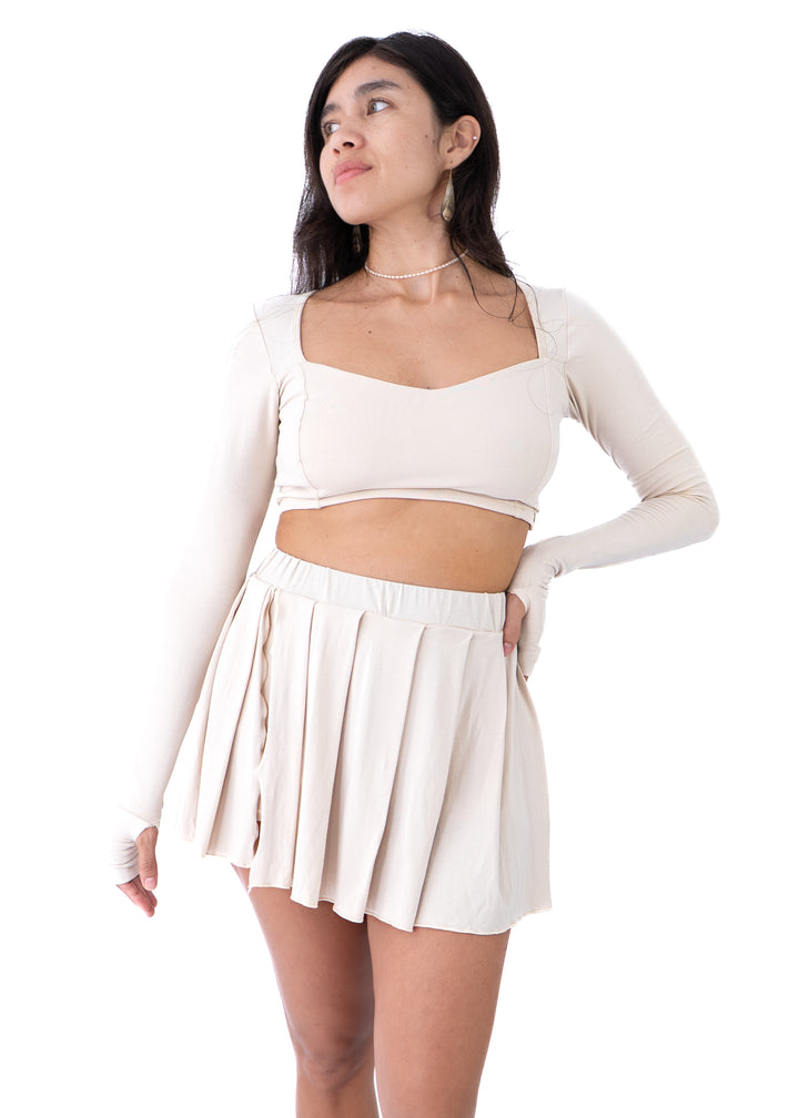 Kayoko Set - Long Sleeve Crop & Pleated Mini in Beige