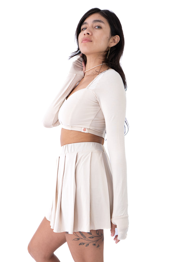 Kayoko Set - Long Sleeve Crop & Pleated Mini in Beige