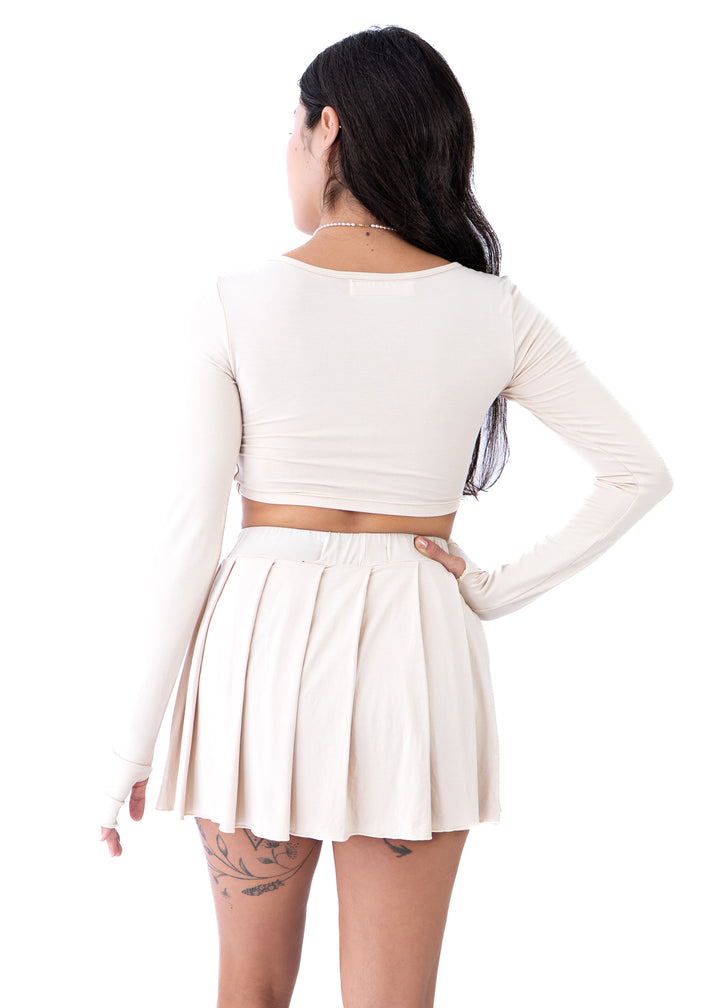 Kayoko Set - Long Sleeve Crop & Pleated Mini in Beige