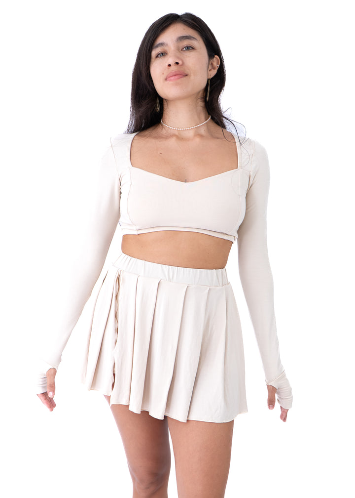 Kayoko Set - Long Sleeve Crop & Pleated Mini in Beige